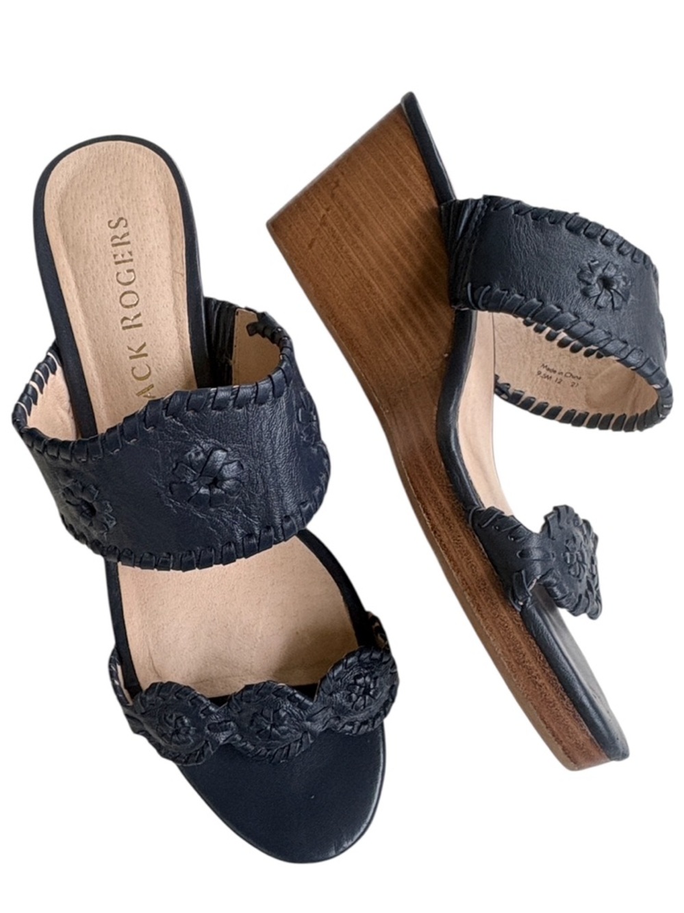 EUC Jack Rogers Leather Whipstitch Medallion Wedge Sandals Navy Size 9.5